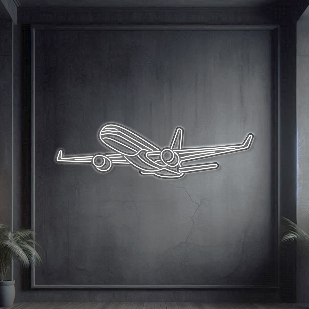 757-200 Angle neon aircraft wall art, laser-cut 2 mm steel with matte powder coat and 3D floating effect