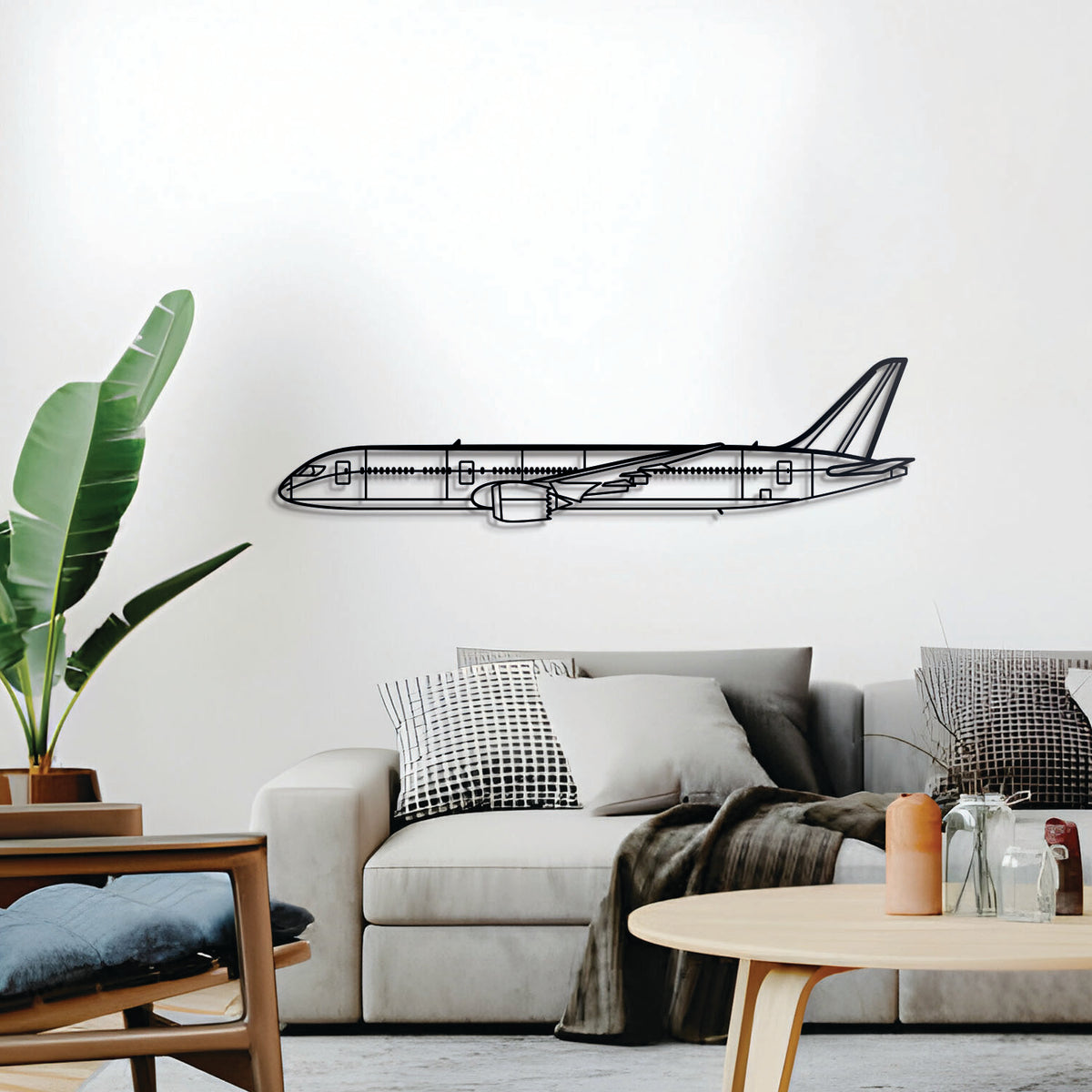 B787 Dreamliner silhouette — sleek metal design with floating mount, ideal for hangar or office