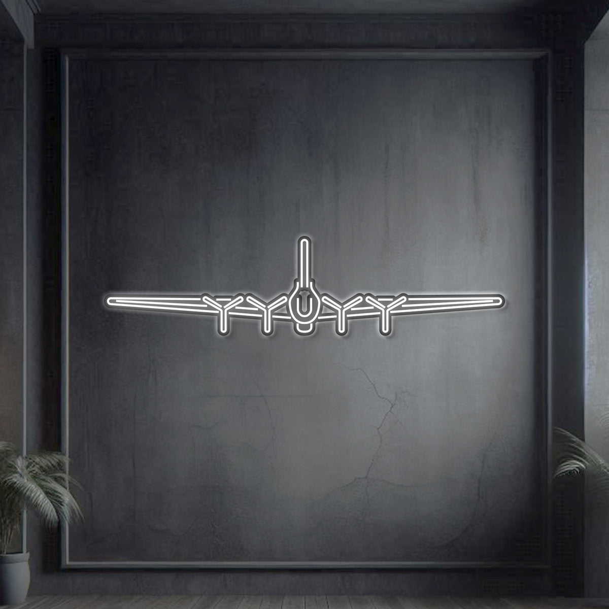 B‑17 Flying Fortress front-view neon silhouette wall art, laser‑cut steel showcasing powerful quad-engine bomber profile with glowing neon outline and dramatic 3D relief