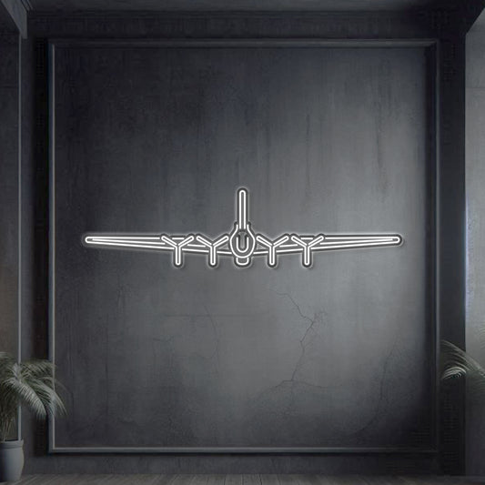 B‑17 Flying Fortress front-view neon silhouette wall art, laser‑cut steel showcasing powerful quad-engine bomber profile with glowing neon outline and dramatic 3D relief
