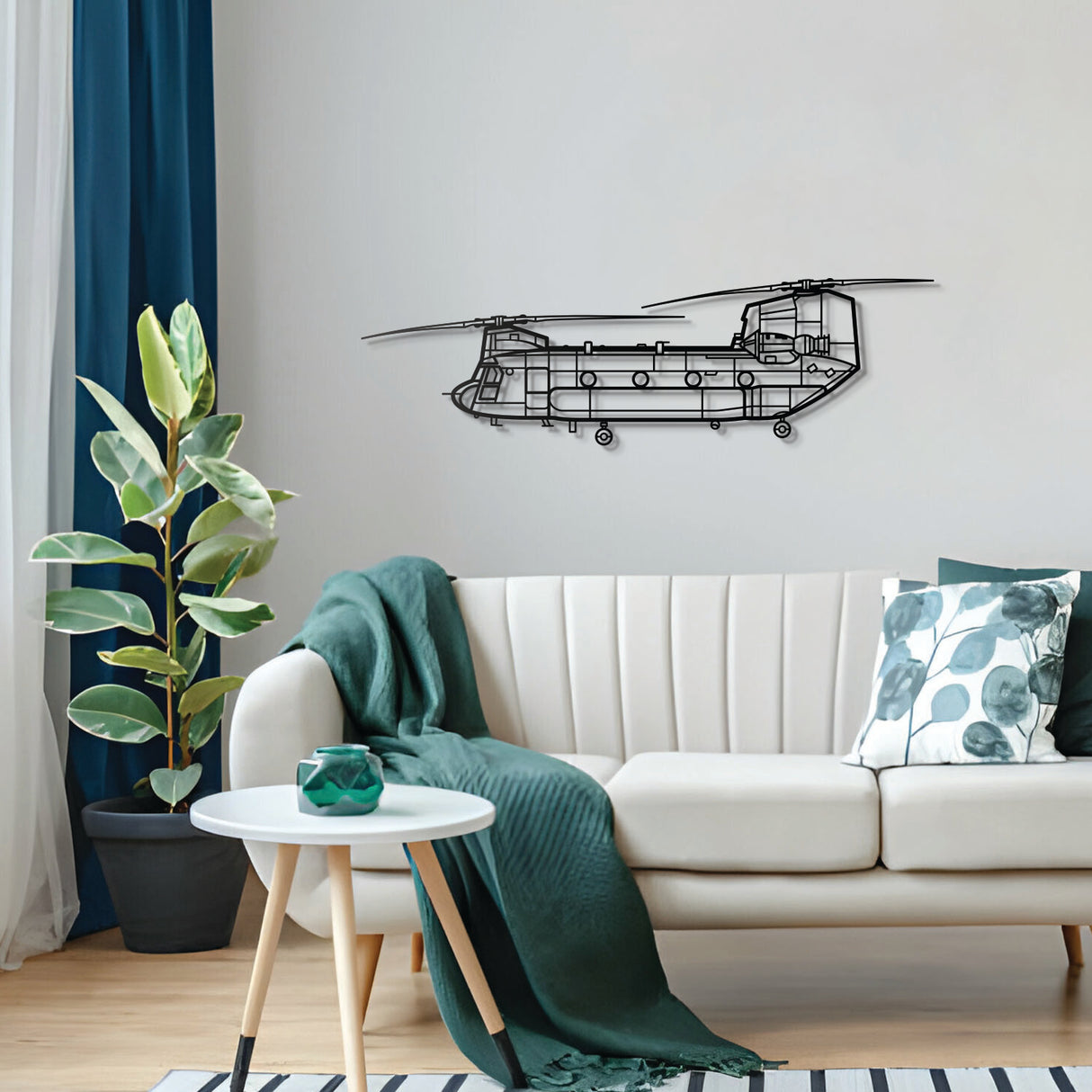 CH‑47 Chinook helicopter wall décor in powder‑coated textured steel, ready‑to‑hang military aviation art