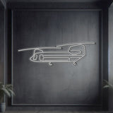 CH‑47 Chinook twin‑rotor heavy‑lift helicopter neon silhouette wall art, laser‑cut steel with bold tandem rotor profile and sculptural 3D elevation