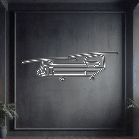 CH‑47 Chinook twin‑rotor heavy‑lift helicopter neon silhouette wall art, laser‑cut steel with bold tandem rotor profile and sculptural 3D elevation