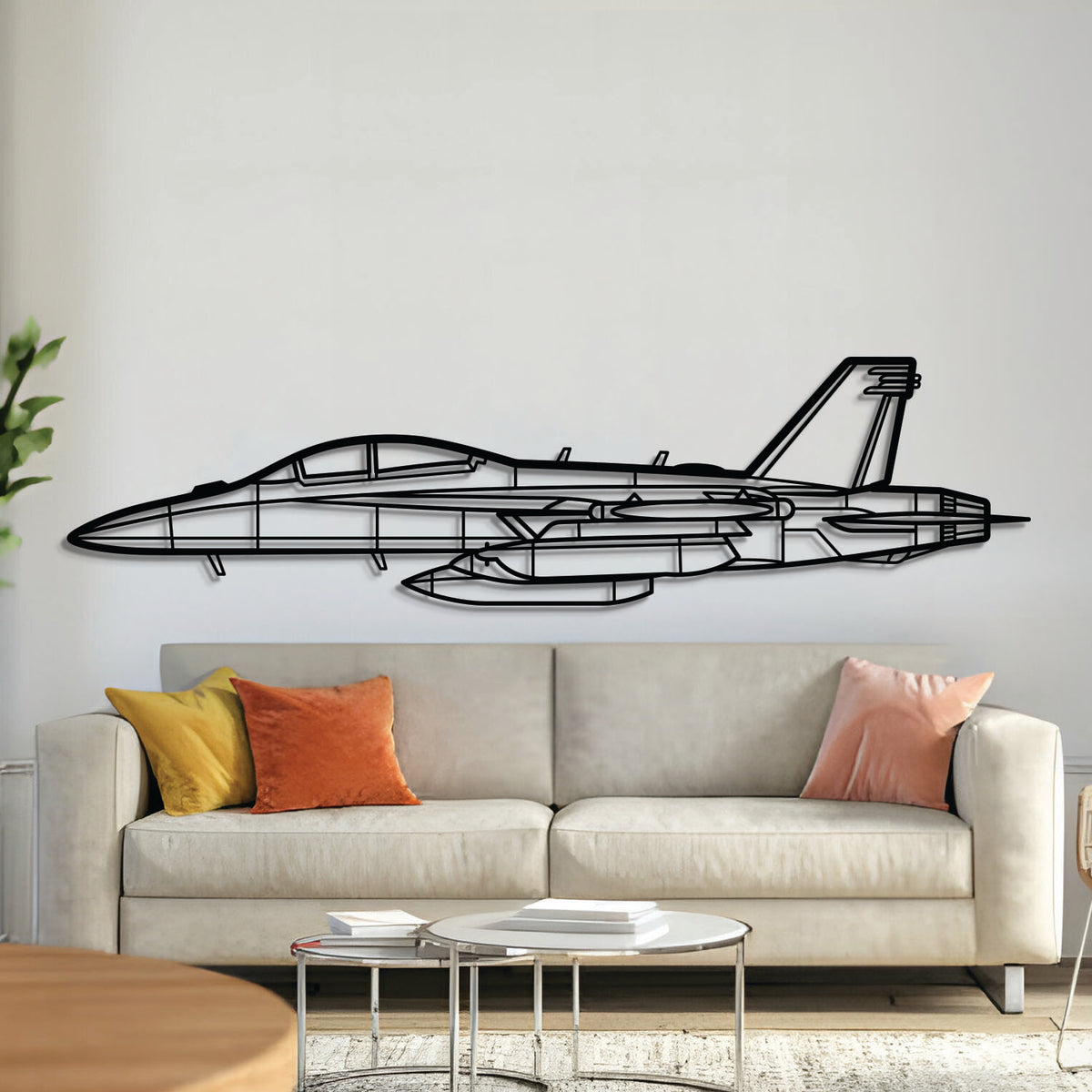 Matte-finish laser-cut EA‑18G Growler jet silhouette in metal wall art