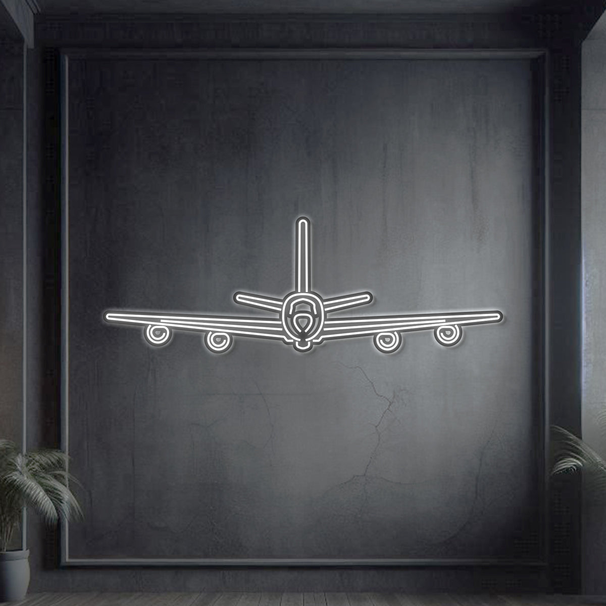 KC‑135R Stratotanker front-view metal neon wall art, laser-cut steel with glowing neon outline and bold 3D elevation