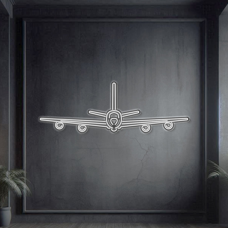 KC‑135R Stratotanker front-view metal neon wall art, laser-cut steel with glowing neon outline and bold 3D elevation