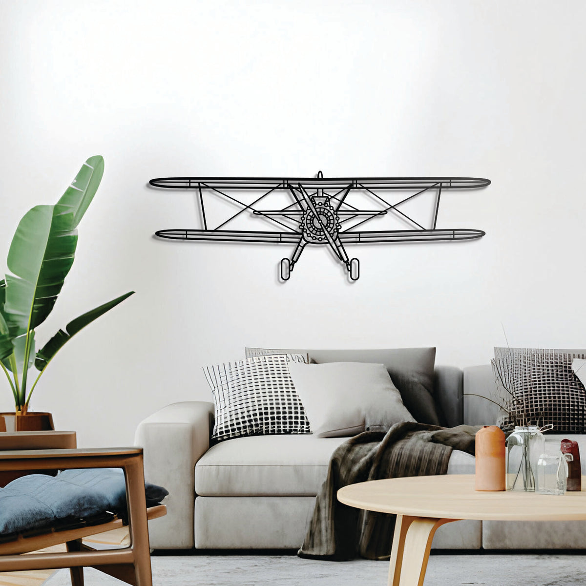 Boeing Stearman 75 trainer aircraft metal wall décor – minimalist front-facing biplane design