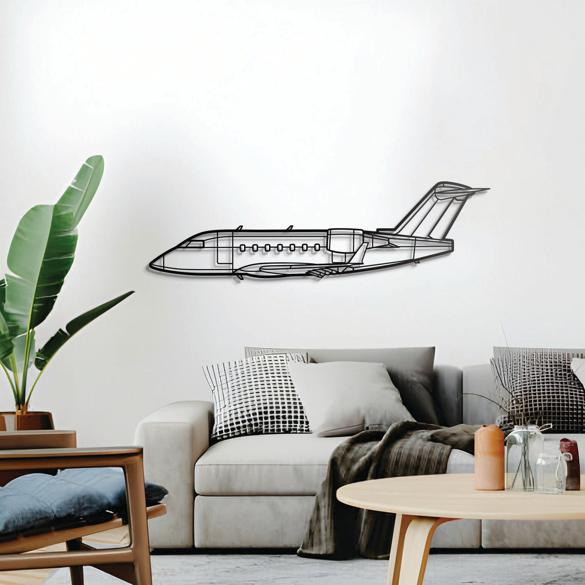 Ready-to-hang 2 mm steel Challenger 604 wall sculpture lifted 1 cm off wall for 3D effect