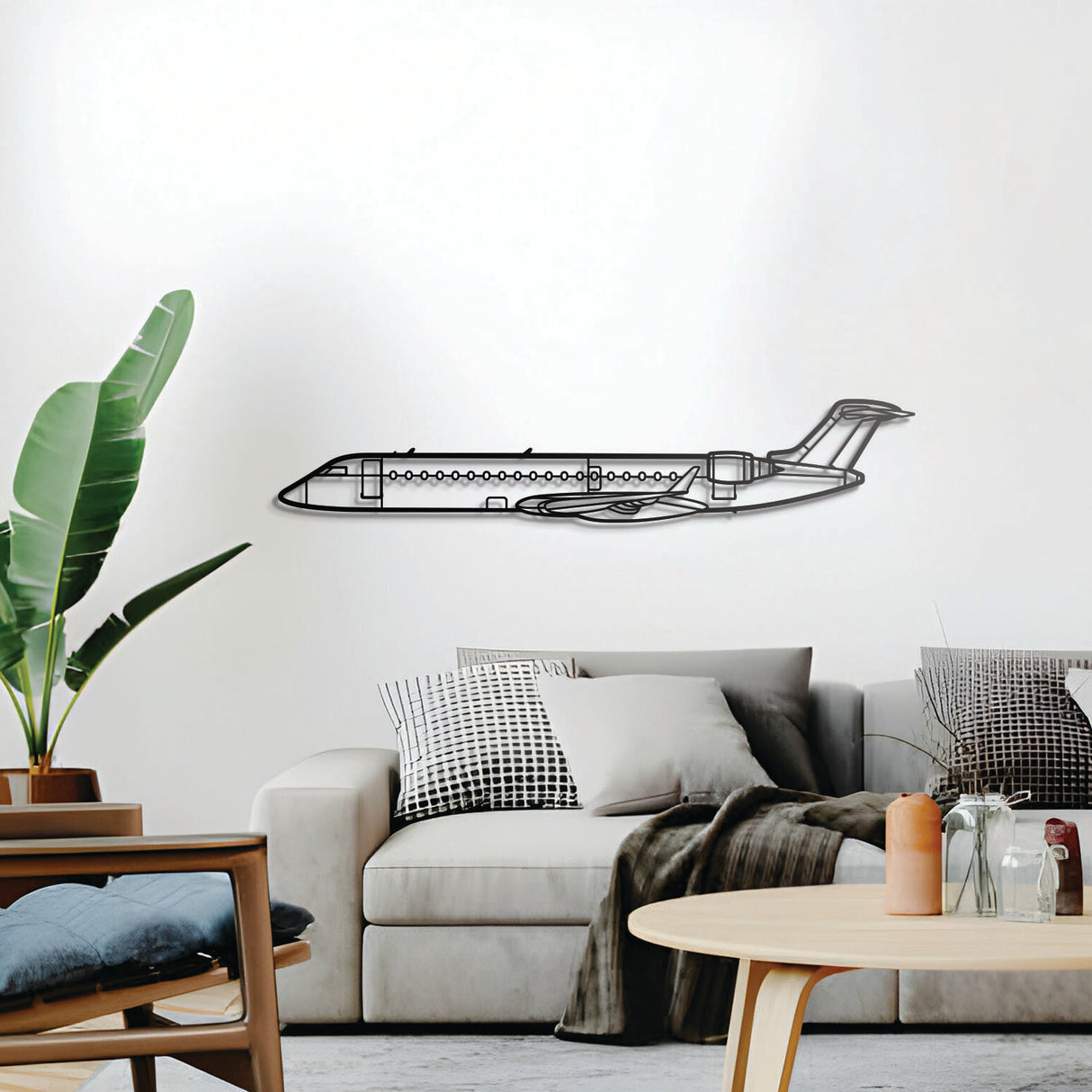 CRJ‑700 twin‑engine regional airliner silhouette, elevated 1 cm from wall, ready‑to‑hang aviation décor