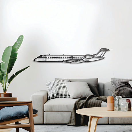 CRJ‑700 twin‑engine regional airliner silhouette, elevated 1 cm from wall, ready‑to‑hang aviation décor