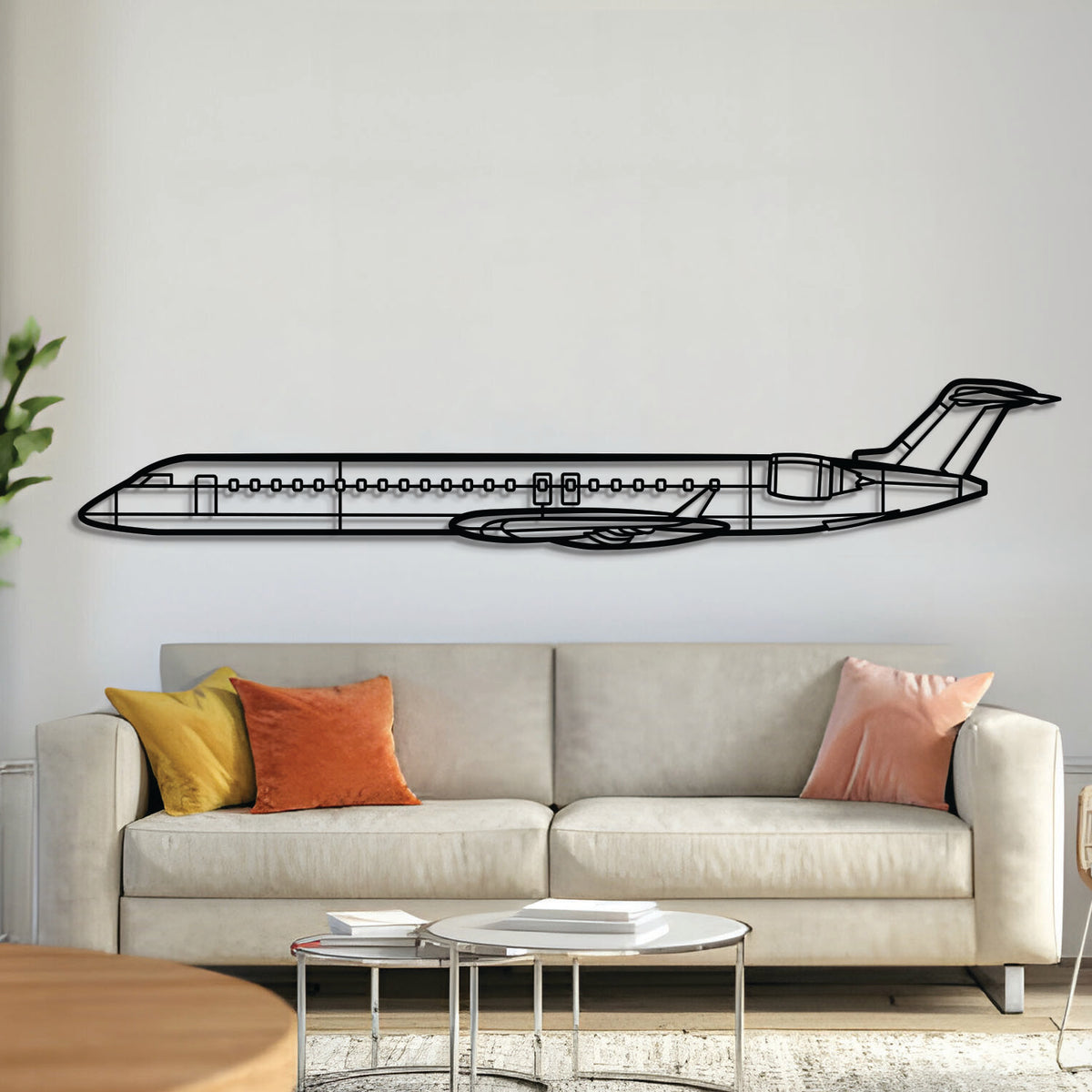 Bombardier CRJ900 regional jet silhouette — laser-cut matte black steel wall art with 3D floating effect