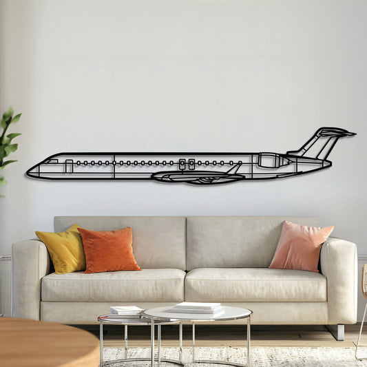 Bombardier CRJ900 regional jet silhouette — laser-cut matte black steel wall art with 3D floating effect