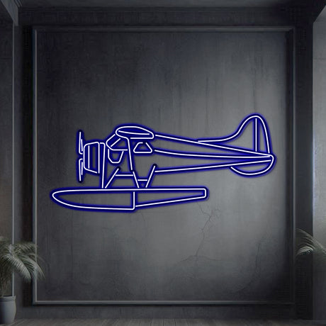Neon-lit DHC‑2 Beaver silhouette, textured matte steel with elevated 1 cm floating effect for immersive 3D depth