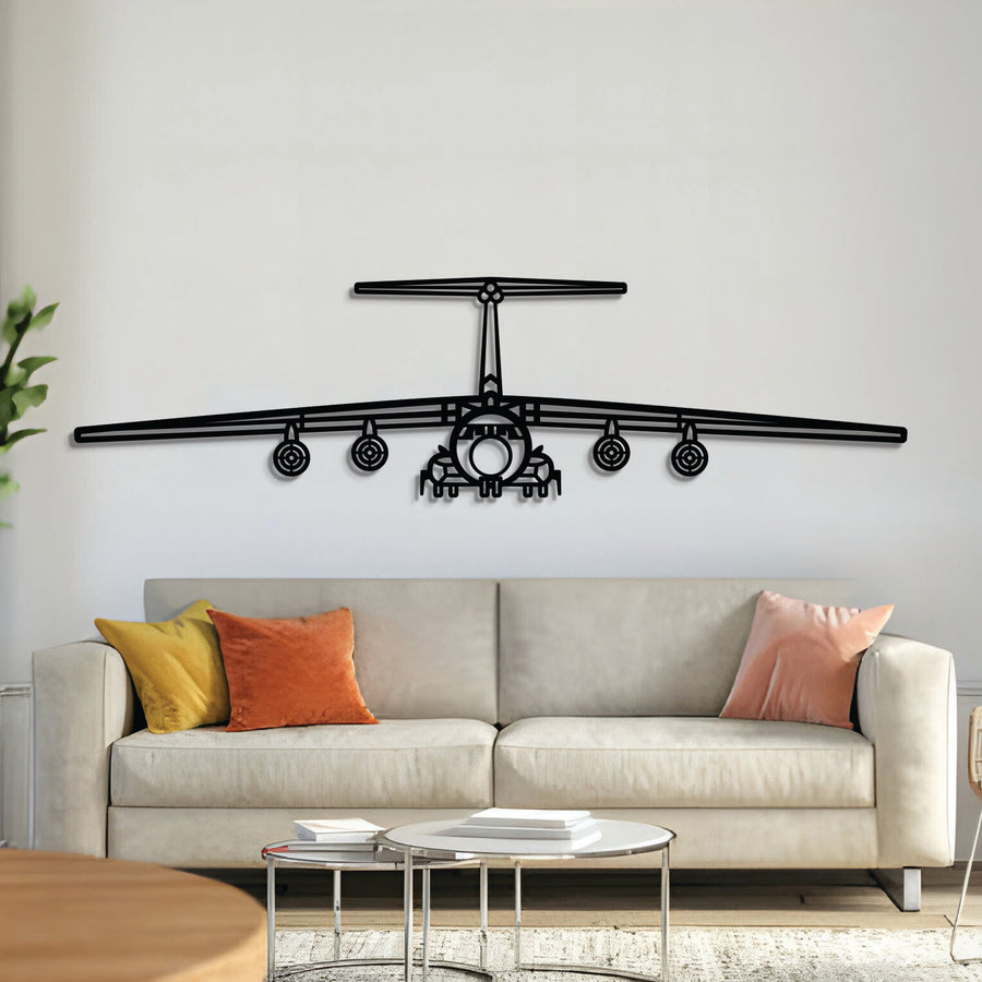 Lockheed C‑141B Starlifter front‑view metal wall art, laser‑cut 2 mm steel with matte textured finish and 3D elevation