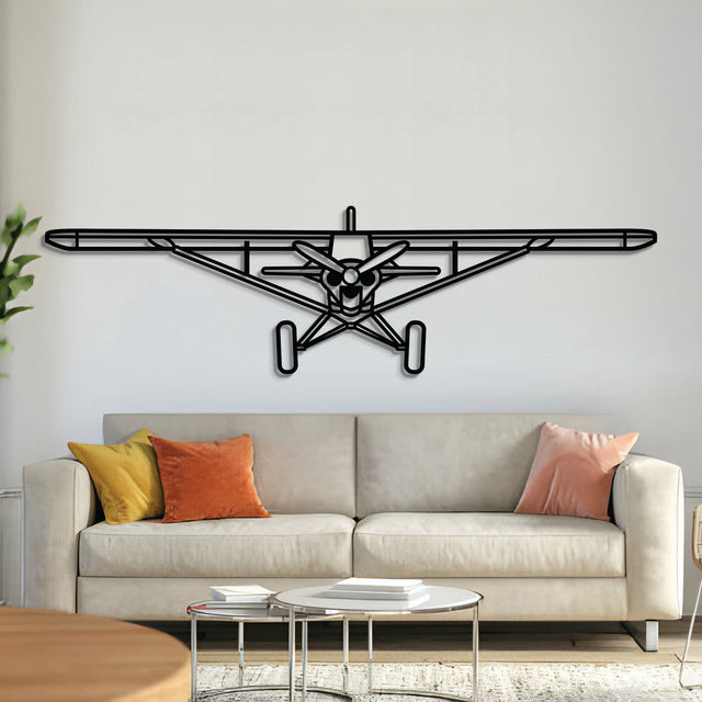 Carbon Cub front-view metal aircraft wall art, laser‑cut 2 mm steel with matte powder-coated finish and 3D elevation