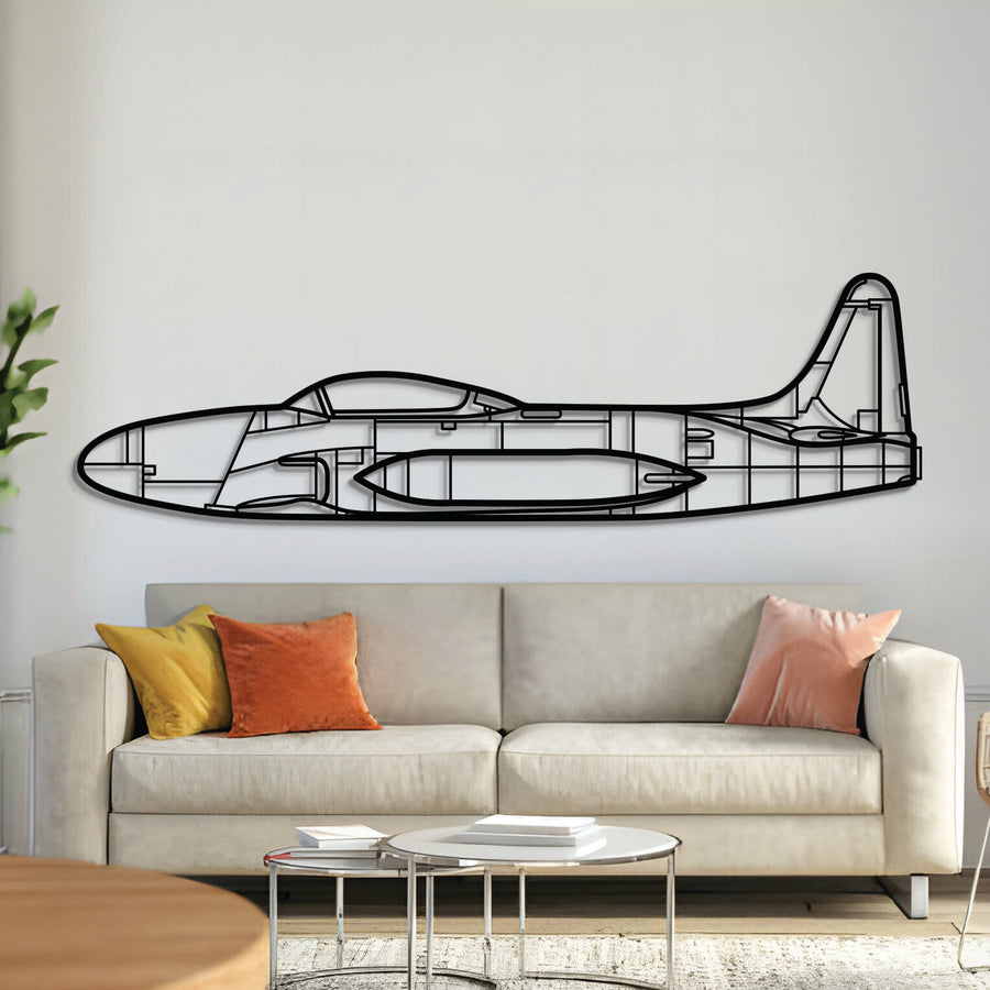 Lockheed T-33 Shooting Star metal aircraft wall art, laser-cut 2 mm textured steel with matte powder-coated finish