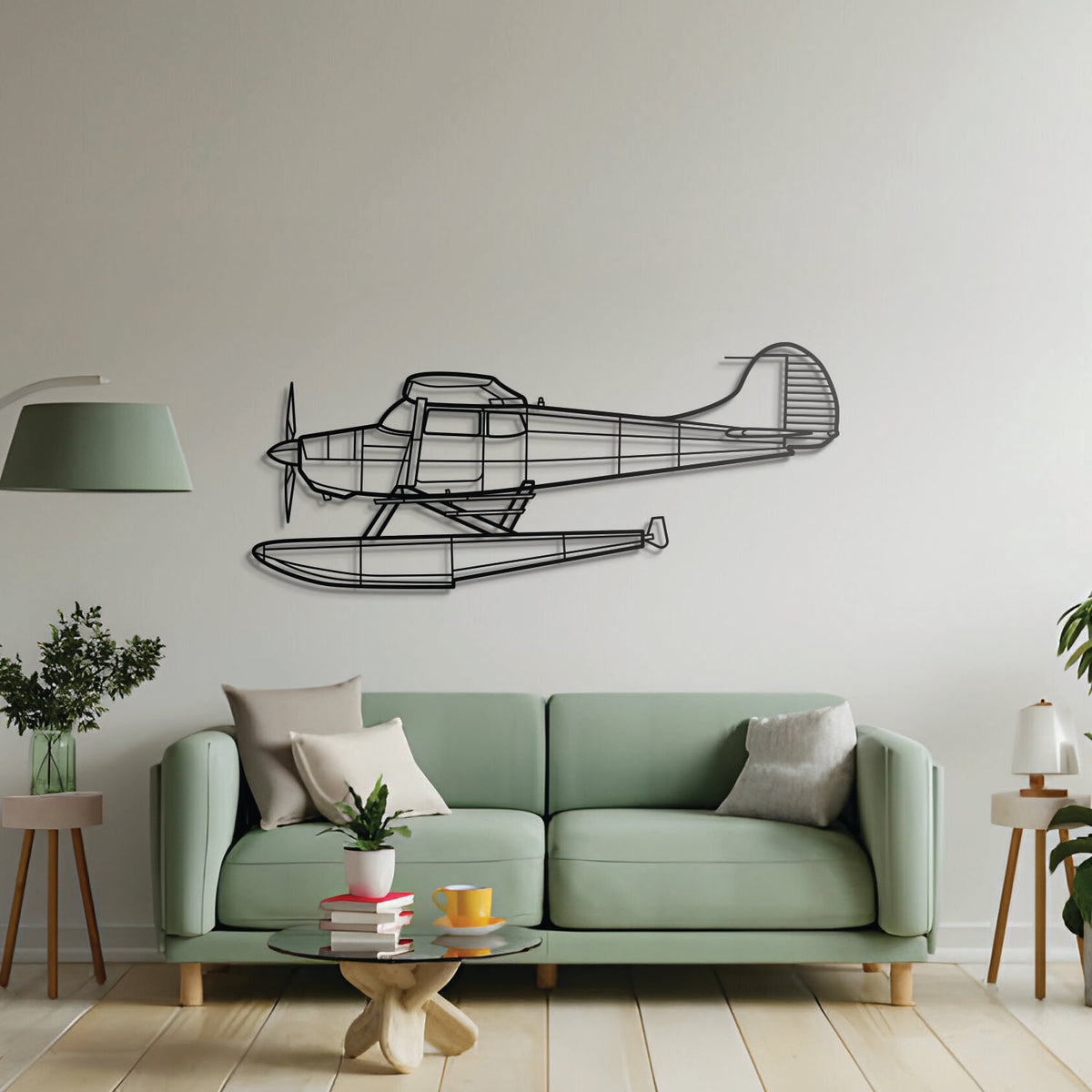 Float-equipped Cessna 170B bush plane metal art, laser-cut steel ready-to-hang décor for living spaces
