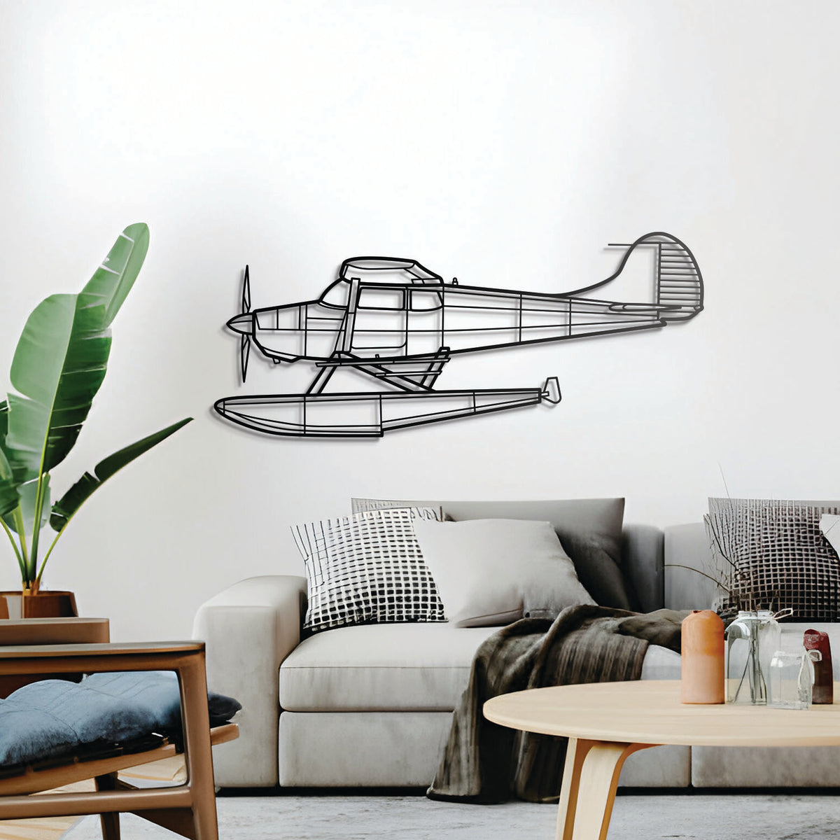 Cessna 170B floatplane 3D metal décor, elevated 1 cm from wall, ready-to-hang centerpiece