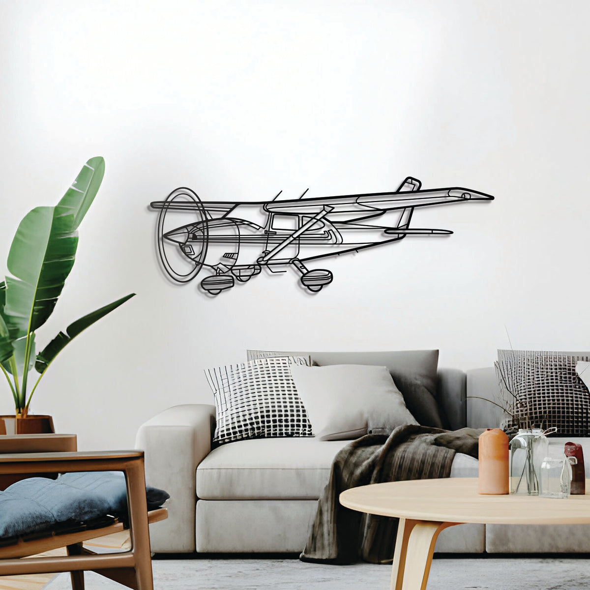 182Q Skylane aircraft angle metal art – elevated 1 cm off wall using elevation screws for a clean 3D shadow effect