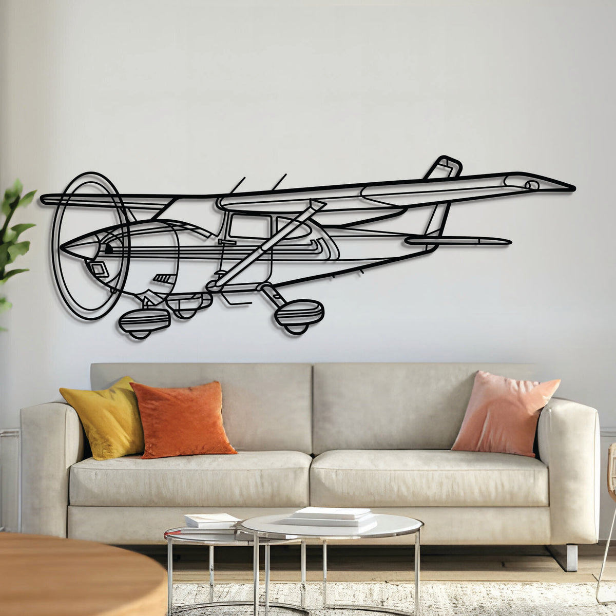 Cessna 182Q Skylane angled silhouette metal wall art – laser‑cut 2 mm steel with textured matte powder‑coat, ready to hang