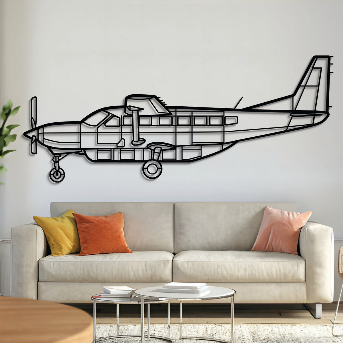 Cessna 208 Caravan profile silhouette — laser-cut black metal wall art with floating effect