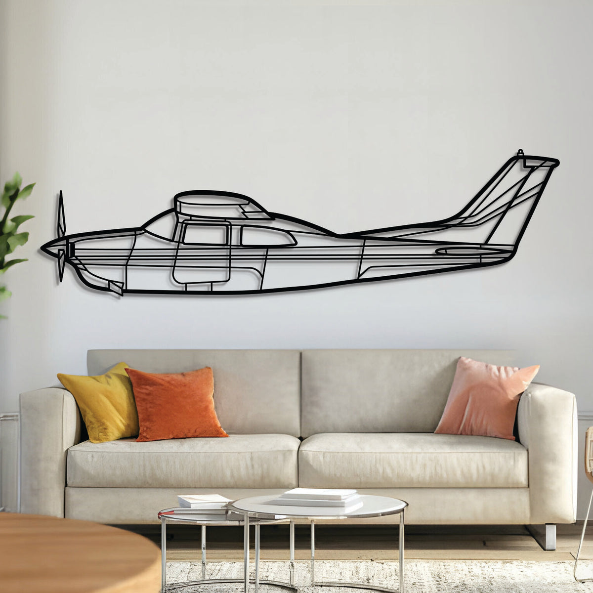 Cessna 210L Centurion retractable-gear high-wing aircraft wall art, laser-cut textured steel with matte finish