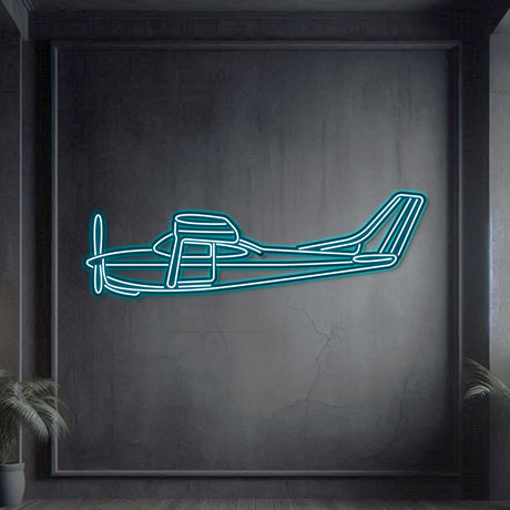 Neon-lit Cessna Skylane RG silhouette wall art, textured matte steel with floating neon frame for immersive 3D depth