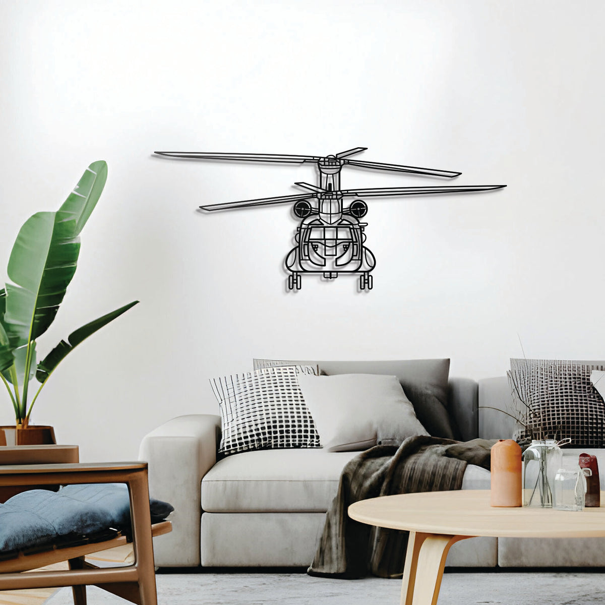 CH-47 Chinook tandem rotor helicopter silhouette, matte black metal wall decoration