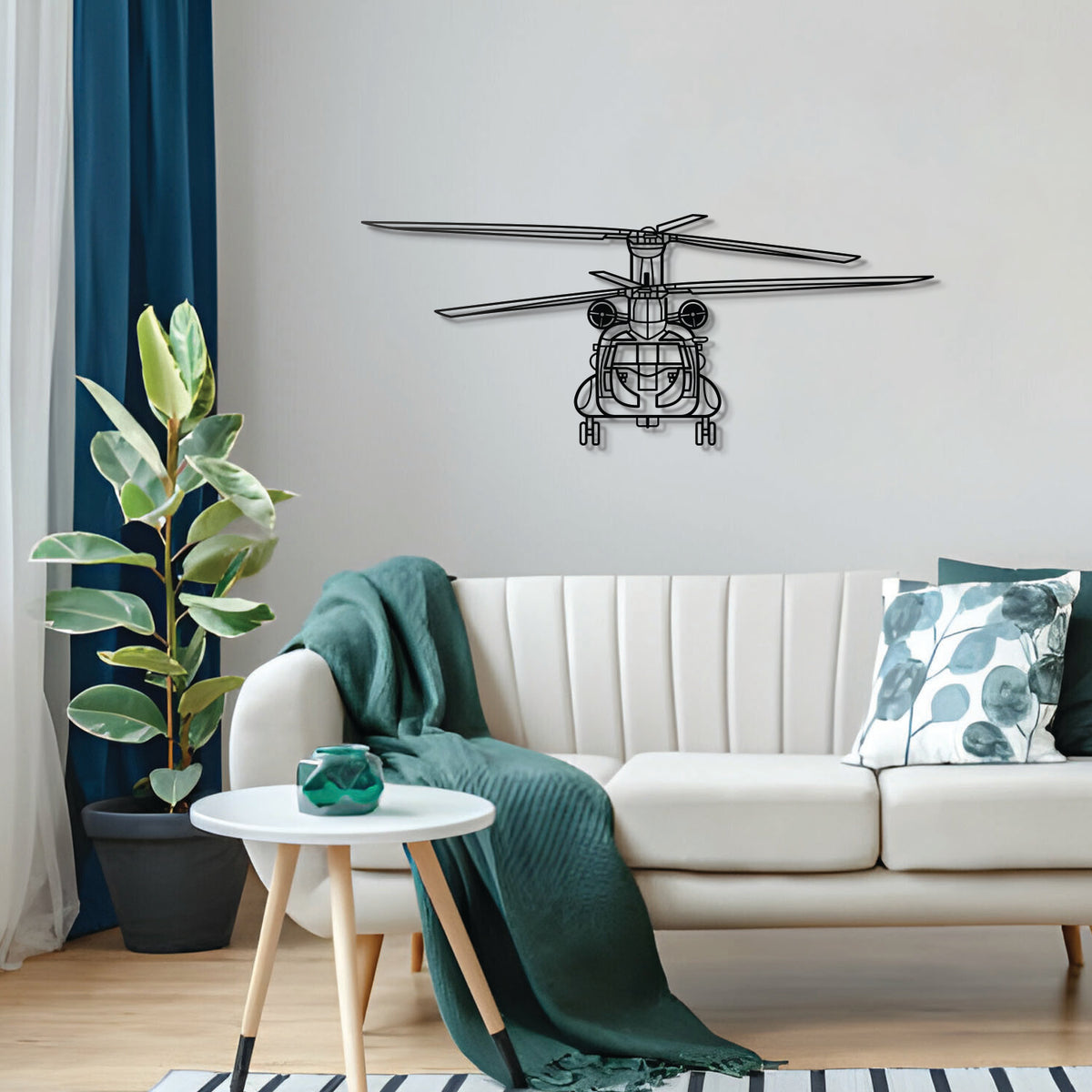 Military CH-47 Chinook helicopter wall decor – powder coated steel, mounted 1 cm from wall