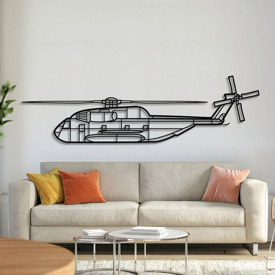CH‑53GS Heavy‑lift transport helicopter wall art in 2 mm laser‑cut steel with matte textured powder‑coat and elevation screws for a dramatic 3D floating effect