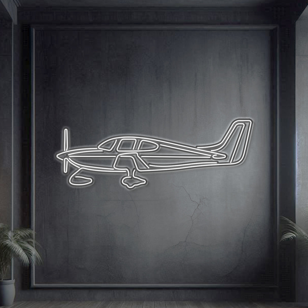 Cirrus SR22 neon silhouette wall art, laser‑cut steel with glowing neon outline and dramatic 3D elevation