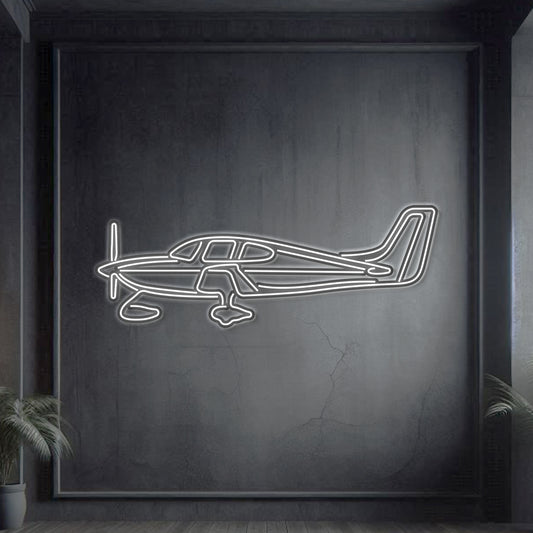 Cirrus SR22 neon silhouette wall art, laser‑cut steel with glowing neon outline and dramatic 3D elevation