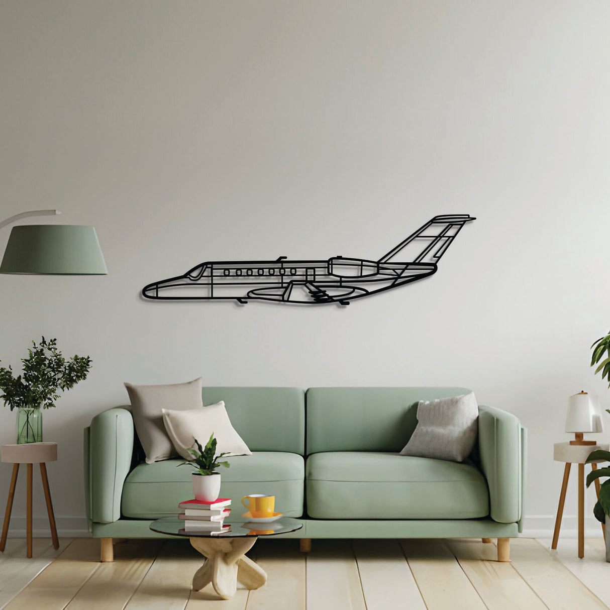 2 mm steel Citation CJ3 wall art, laser‑cut matte finish, floats 1 cm off wall for dramatic 3D depth