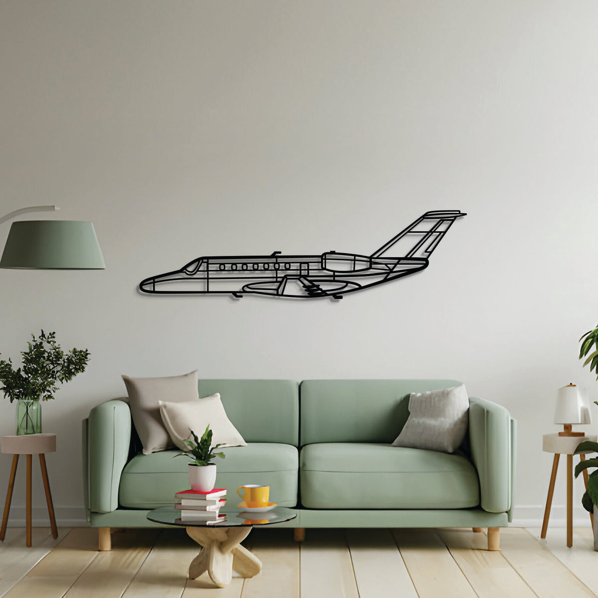 2 mm steel Citation CJ3 wall art, laser‑cut matte finish, floats 1 cm off wall for dramatic 3D depth