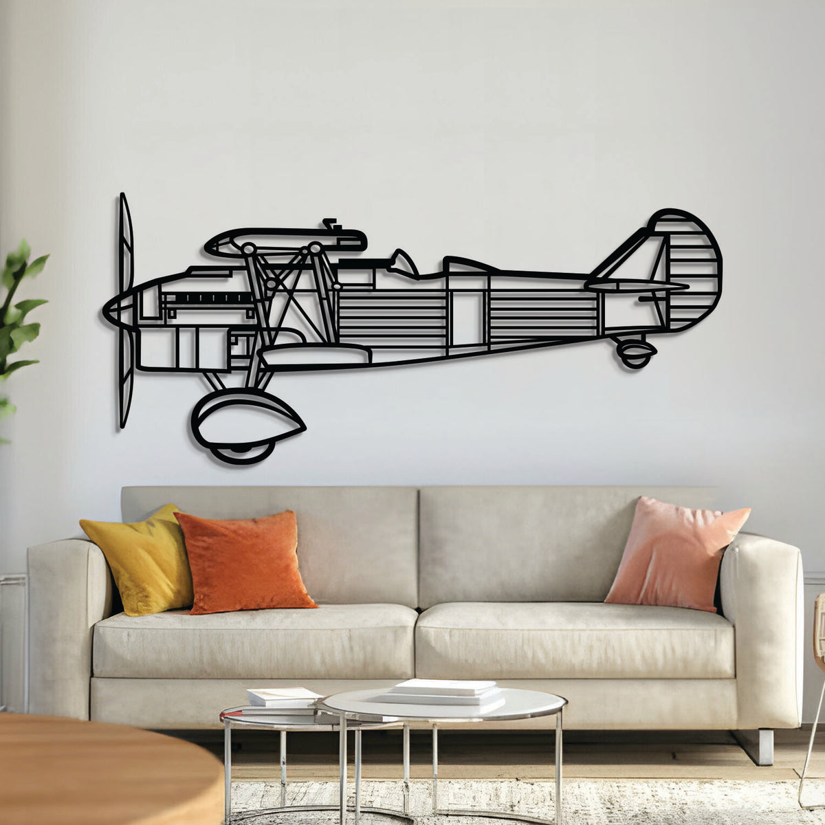 Fiat CR.32 vintage biplane metal wall art, laser‑cut 2 mm steel with matte textured finish and 3D elevation