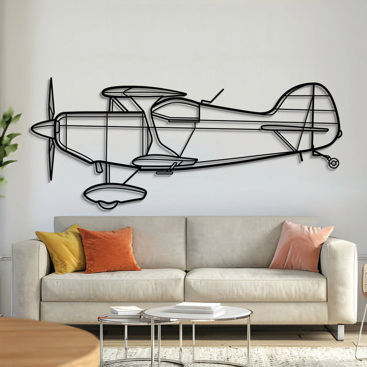 Pitts S-1T aerobatic biplane metal wall art, laser-cut 2 mm textured steel with matte powder-coated finish
