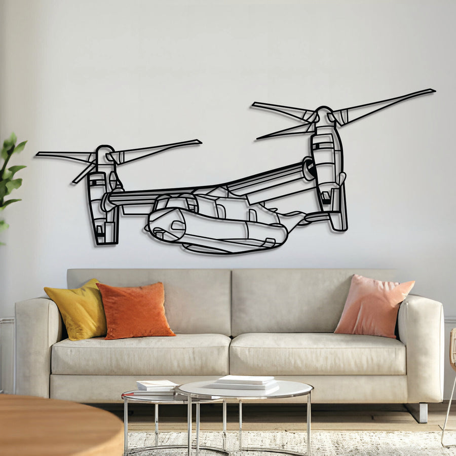 CV‑22 Osprey angle metal aircraft wall art in 2 mm laser‑cut steel with matte powder‑coated textured finish and 1 cm elevation screws for a dynamic 3D floating effect