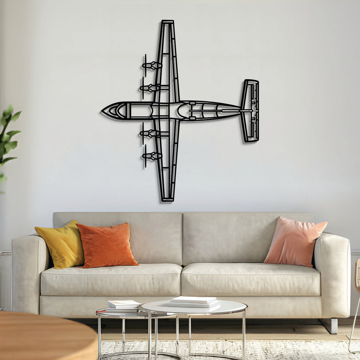 Dash 7 (DHC-7) top-view metal aircraft wall art, laser-cut 2 mm steel with matte textured finish and 3D elevation