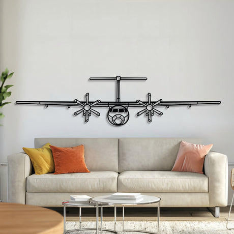 Dash 8-Q400 front metal aircraft wall art in 2 mm laser-cut steel with matte powder-coated textured finish and elevation screws lifting it 1 cm off the wall for an immersive 3D effect