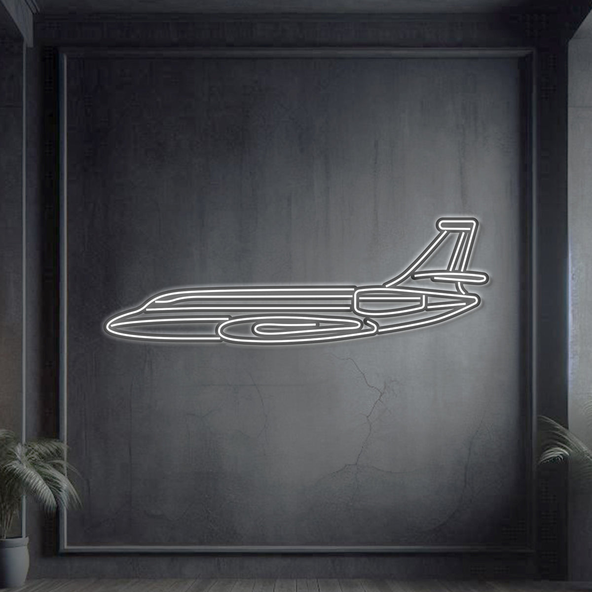 Neon aircraft wall art featuring Dassault Falcon 2000 adding vibrant glow to garage décor