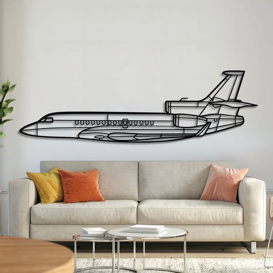 Falcon 7X jet metal wall art – laser-cut steel silhouette with matte powder-coated finish and floating 3D effect