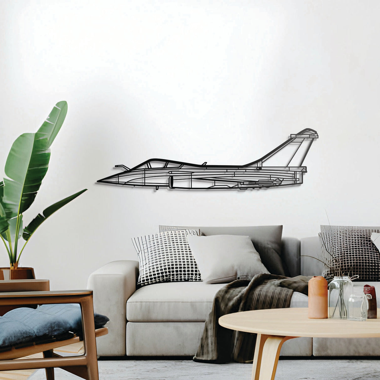 Rafale C delta‑wing omnirole fighter silhouette, elevated 1 cm from wall, ready‑to‑hang décor