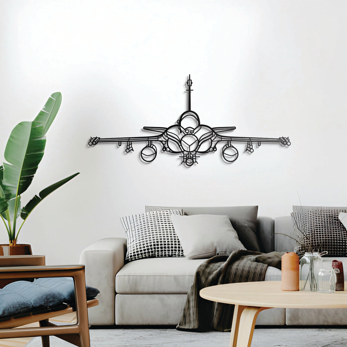 Rafale front silhouette 3D metal wall décor, elevated 1 cm from wall, ready-to-hang aviation centerpiece