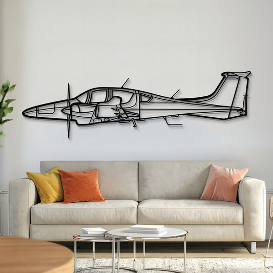 Diamond DA62 twin-engine airplane silhouette, black laser-cut metal wall art for aviation enthusiasts