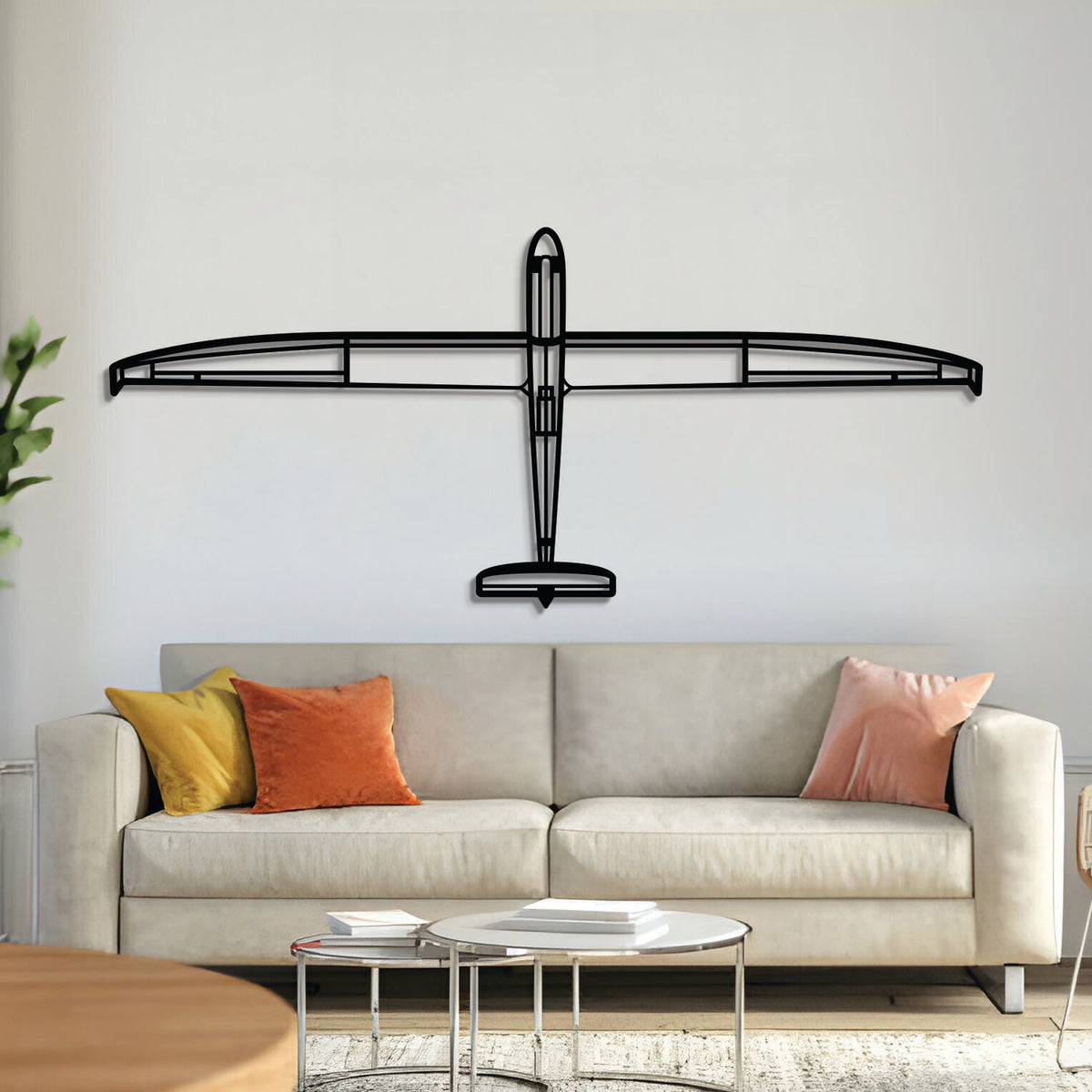 Discus Top glider silhouette wall art, laser-cut 2 mm steel with matte textured finish and 3D elevation