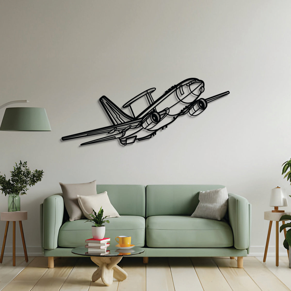 2 mm steel E‑7A Wedgetail wall art, laser‑cut matte finish, floats 1 cm off wall for dramatic 3D effect