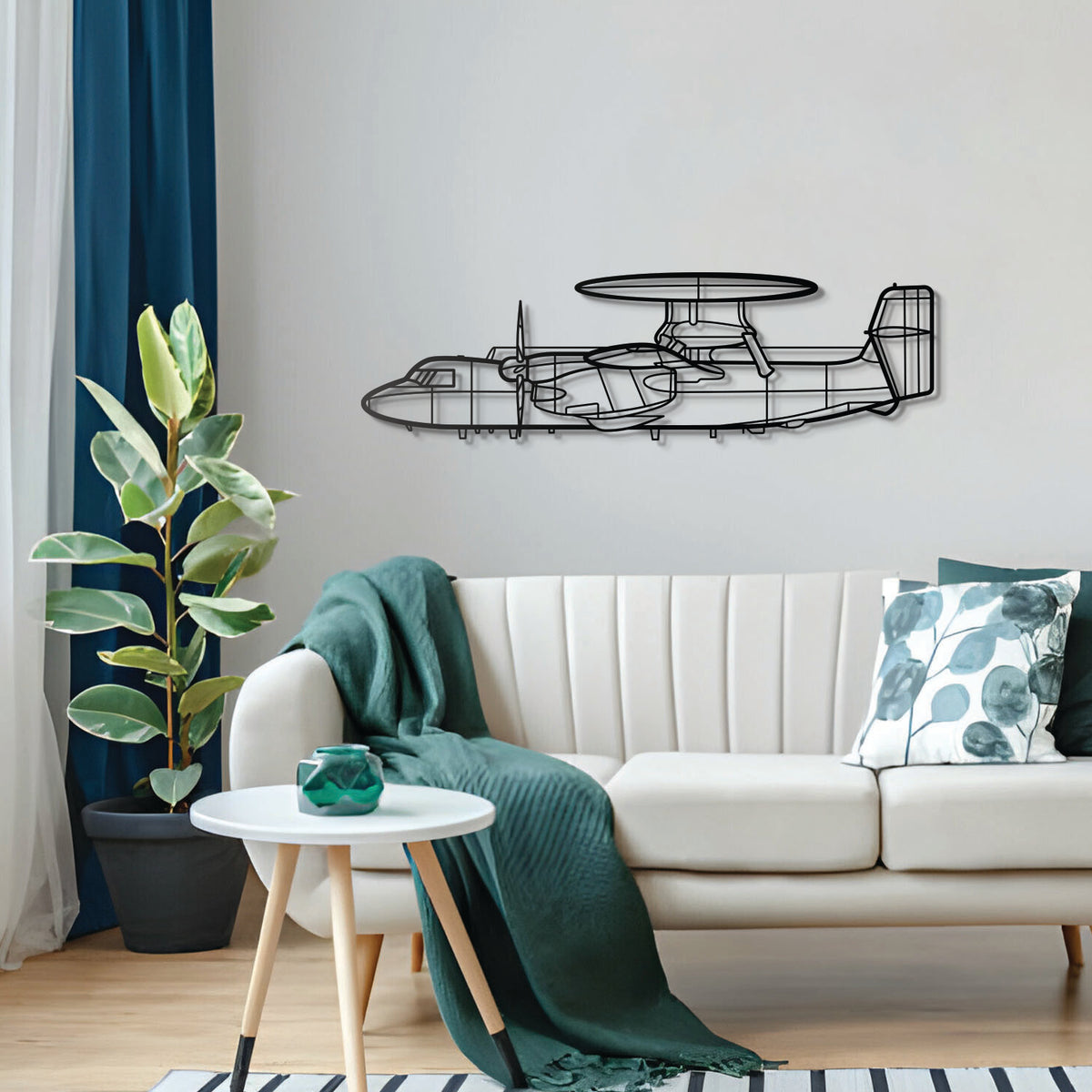 Laser-cut E-2D Hawkeye aircraft wall sculpture – matte black steel AWACS radar plane silhouette with floating 3D effect