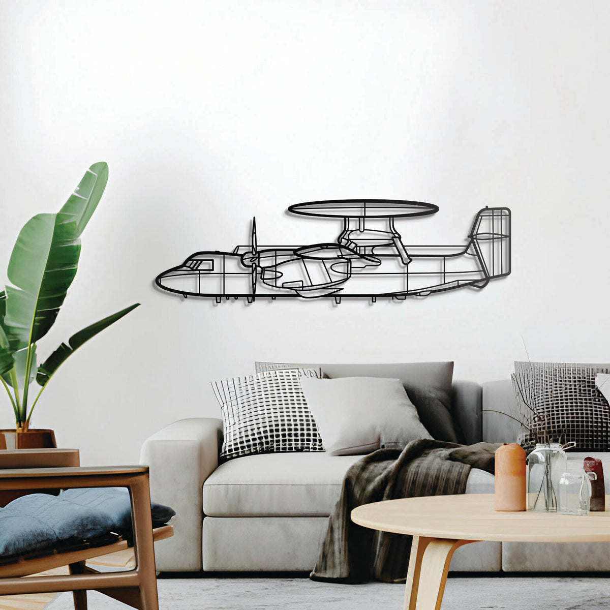 Metal E-2D Hawkeye silhouette wall art – sleek aviation décor with radar rotodome profile for hangar or office