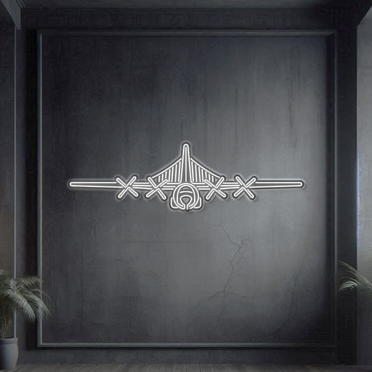 EC‑130H Compass Call front-view neon metal wall art, laser-cut steel silhouette with bold glowing outline and striking 3D depth