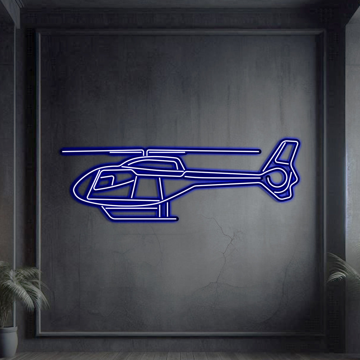 Neon‑lit EC120 silhouette wall art, textured matte steel with floating neon frame for immersive 3D depth
